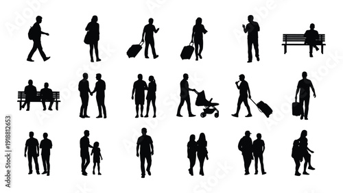 Silhouettes of people engaged in various activities and interactions. isolated on white background, Vector