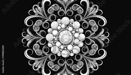 Arabesque mandala design ,3D round white silver shapes and border east ornament vector icon 
