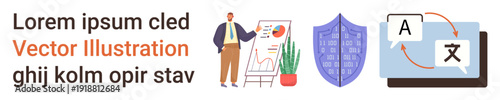 Business analytics, language translation, data security, communication tools, technology processes, teamwork. A person presenting data, shield and translation icons. Business analytics and language