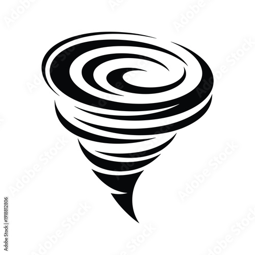 A stylized black and white illustration of a swirling tornado shape