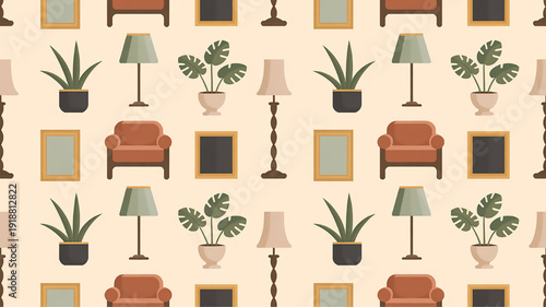 Seamless pattern of cozy home decor elements including potted plants lamps and armchairs in a flat design style for interior design concepts