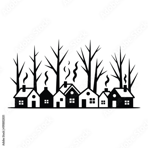 A black and white illustration depicting a village nestled among bare trees