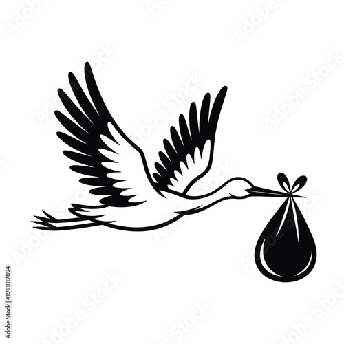 A black and white illustration of a stork carrying a baby in a bag