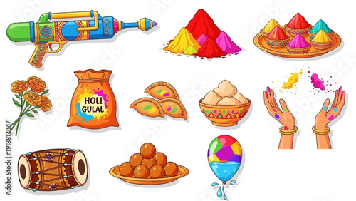 Vibrant Holi Celebration Elements including Water Gun, Flowers, and Colorful Powders