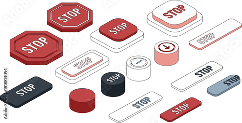 Stop button and emergency control panel switches set with red push press icons for warning safety interface vector collection.