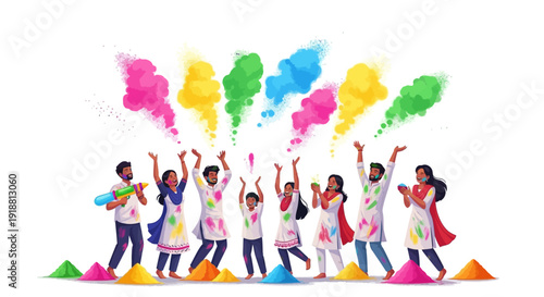 Vibrant group of people celebrating with colorful powder and smoke in the air