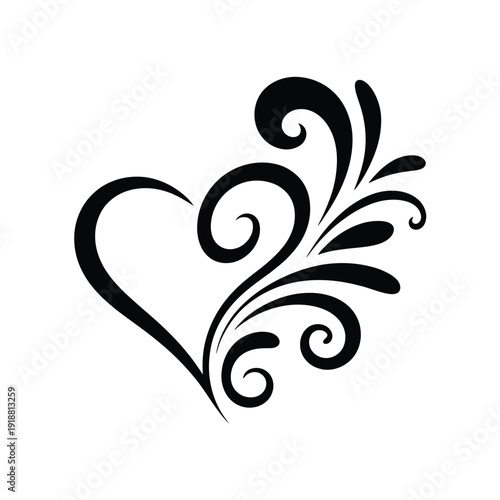 Elegant black swirl design forming a heart shape with floral elements