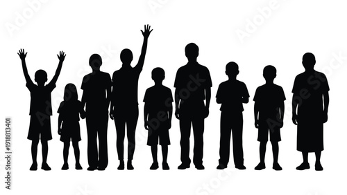 A diverse group of people standing together in silhouette form isolated on white background, Vector