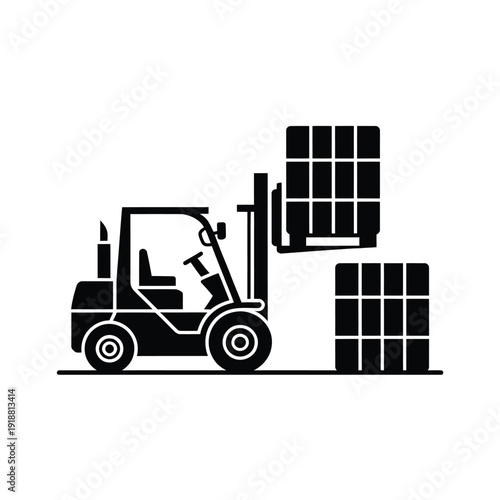 A black silhouette of a forklift lifting stacked boxes with additional boxes below