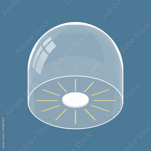 Transparent Dome Light Fixture with Central Bulb Emitting Yellow Rays.