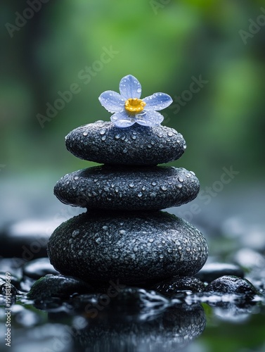 Serene Balance: Delicate Blue Flower Adorned with Dew Drops atop a Stack of Wet, Textured Zen Stones, Reflecting Tranquility in a Lush Green Natural Setting.