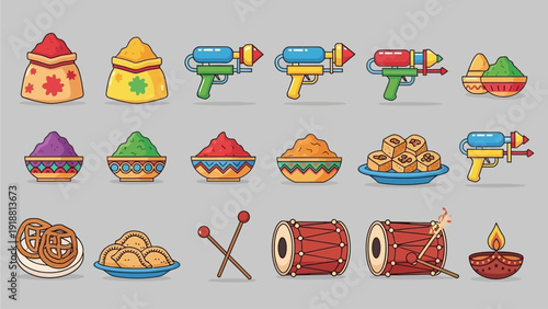 Colorful Diwali celebration elements arranged in rows showcasing traditional Indian festival icons