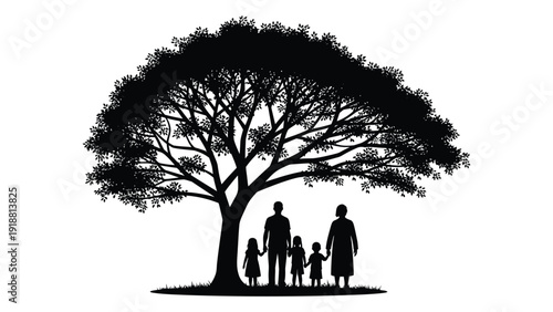 A family of four enjoying a picnic under the shade of a large tree isolated on white background, Vector
