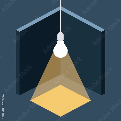 Hanging Light Bulb Casting Spotlight on Floor in Dark Room.