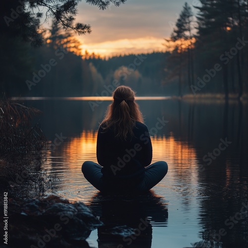Tranquil Sunset Meditation: A Woman Embracing Mindfulness and Inner Peace in Lotus Position by a Calm Lake, Reflecting the Golden Hour Sky Amidst a Serene Forest Landscape.