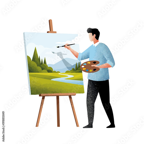 Artist painting a landscape on easel
