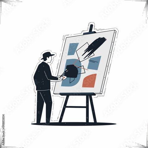 Artist painting abstract art on canvas easel, creative process, modern art, illustration