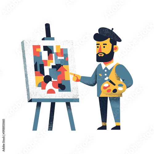 Artist painting abstract art on canvas easel with palette and brush
