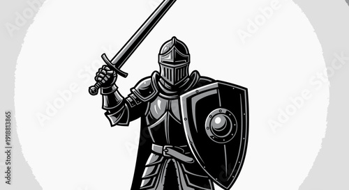 medieval knight in armor holding sword and shield