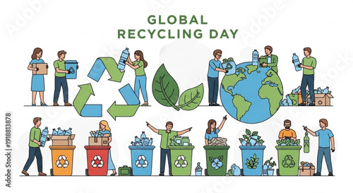 People engaging in various recycling activities around the globe on a special environmental awareness day with diverse waste management illustrations