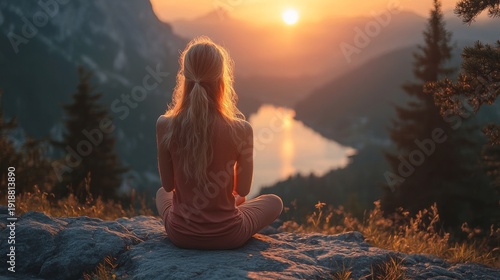 Woman meditates on mountain peak, embracing golden sunset over serene lake, majestic peaks; finding inner peace, mindfulness, nature connection, embodying wellness, yoga spirit.