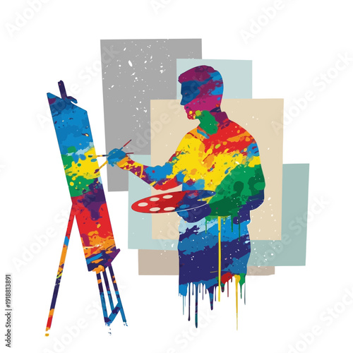Artist painting colorful abstract artwork on easel with palette