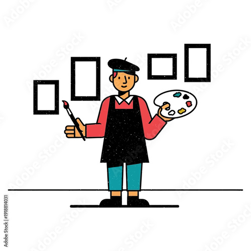 Artist with Palette and Brush in Gallery