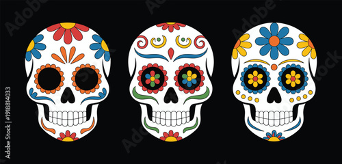 Colorful sugar skull collection, Mexican Day of the Dead decorative calavera illustration isolated on black background