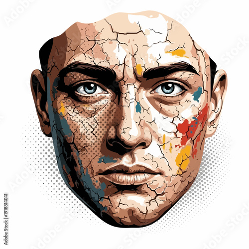 Artist's Face with Cracked Skin and Paint Splatters