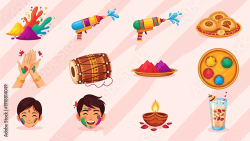 Vibrant cultural celebration with festive decorations, traditional food, and joyful people, showcased in a colorful digital illustration from a frontal viewpoint