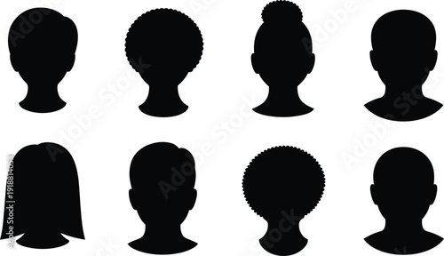 Diverse human head silhouette avatar set vector illustration, male female front view black profile icons collection