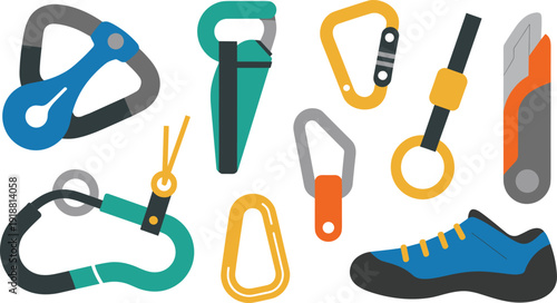 Climbing equipment carabiner set vector illustration, mountaineering gear collection with rope hooks safety tools and shoe icons