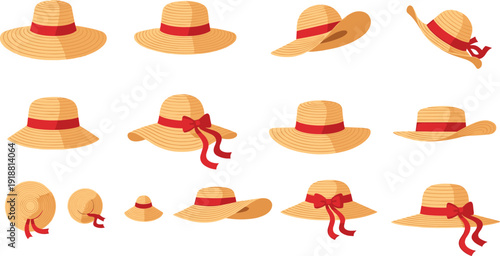 Straw summer hats collection with wide brim ribbon bow beach sun protection female fashion accessory flat vector set.