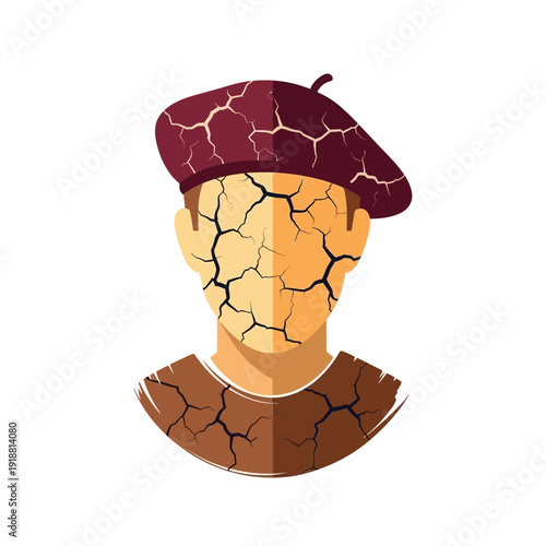 Cracked face artist in beret illustration