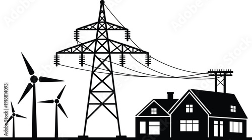 Electric power transmission tower silhouette vector illustration, wind turbines and residential houses energy supply infrastructure concept design