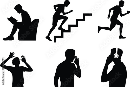 Human activity silhouette set vector illustration, reading running climbing stairs listening whispering expressive people black icons collection