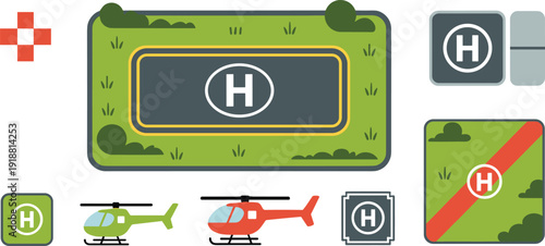 Hospital helipad and medical helicopter icons set, emergency air ambulance landing pad vector illustration isolated on background