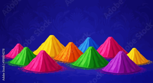 Vibrant colored powder heaps on a deep blue background, viewed from directly above, showcasing a festive scene