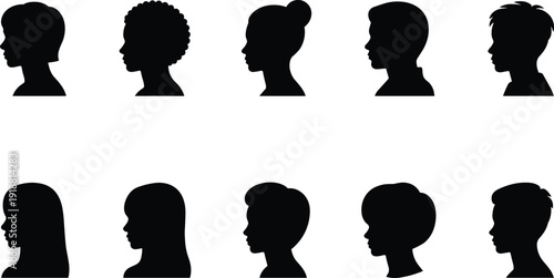 Human head profile silhouette collection vector illustration, diverse men and women side view black avatar icons set