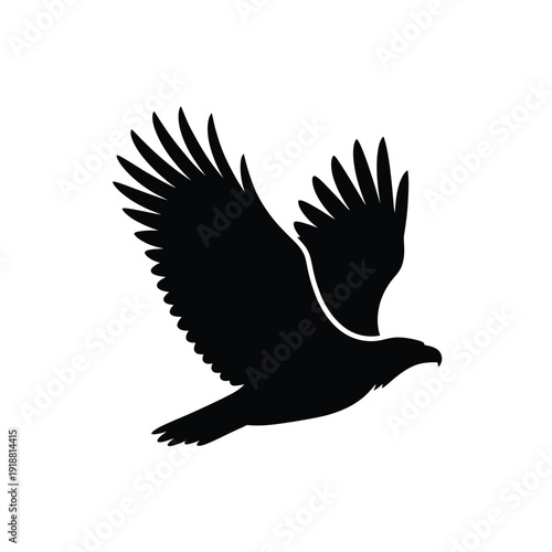 A striking black silhouette of an eagle in mid flight wings fully extended