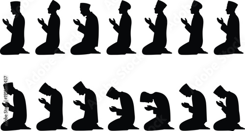 Muslim man praying silhouette vector illustration, Islamic prayer poses kneeling and dua gesture black icons collection set