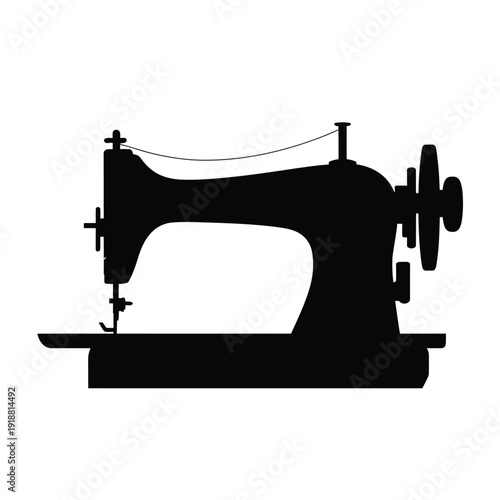 A black silhouette illustration of a vintage sewing machine on white