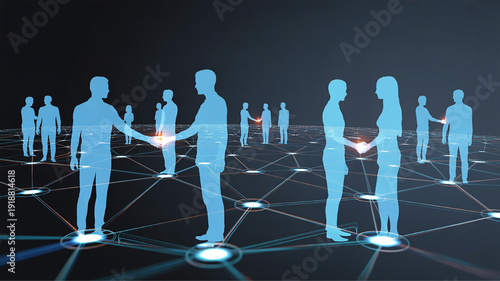 Digital network of people shaking hands representing global connection and business partnerships futuristic technology concept