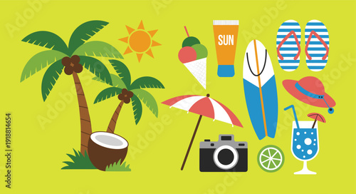 Summer beach vacation elements set, tropical palm trees, sunscreen, surfboard and travel accessories vector illustration background