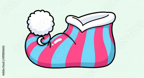 Colorful Striped Baby Bootie with White Pom Pom Isolated on Light Green Background