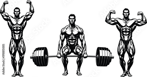 Bodybuilding and Powerlifting Vector Illustration Set with Muscular Men Flexing and Deadlifting in Black and White Style