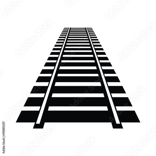 A stark black and white image depicting a converging railroad track perspective