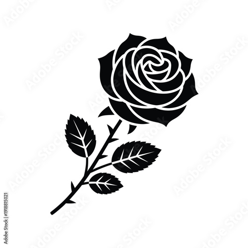 A striking black and white illustration of a single rose with detailed petals