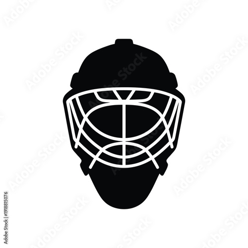 A stark black and white silhouette of a hockey goalie mask facing forward