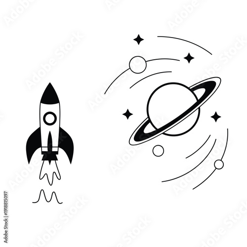 A simple black and white illustration of a rocket ship and planetary system